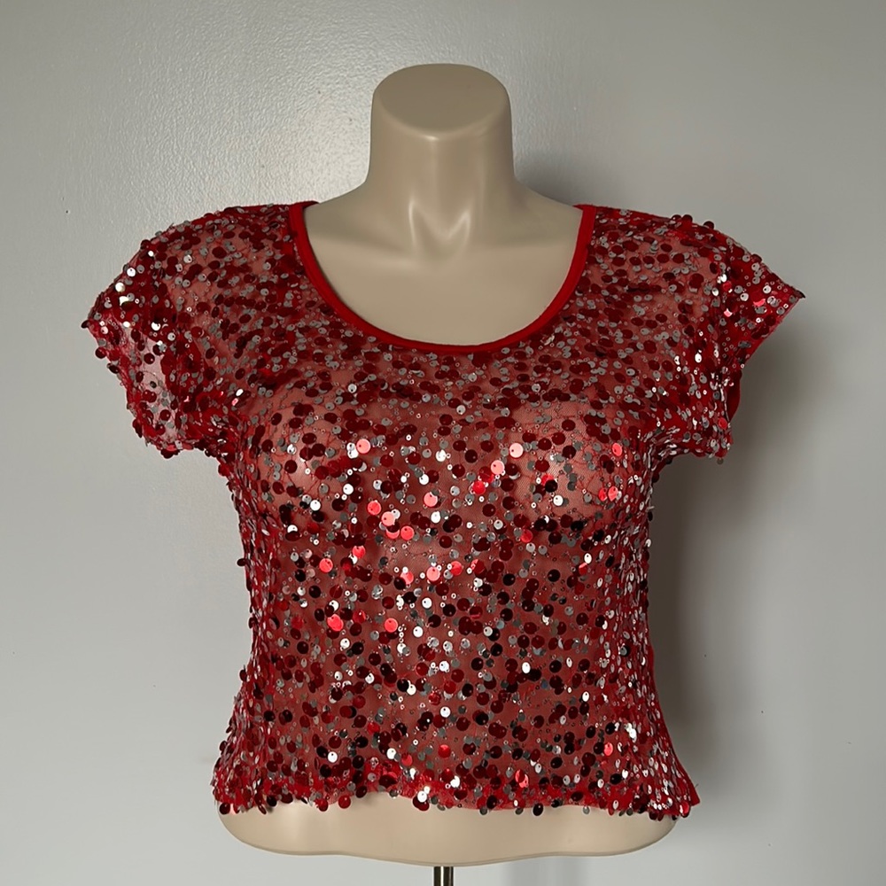 Lipstick Sequined Red & Silver Top Sz M